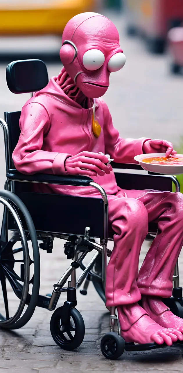 pink guy in a wheelchair eating drugs