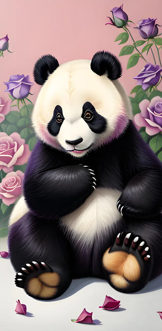 Panda bear with purple flowers