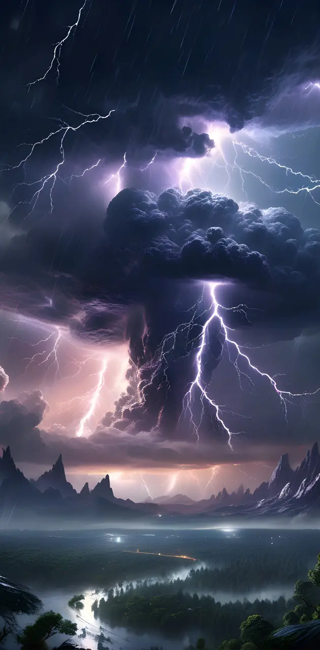 a lightning storm over a city