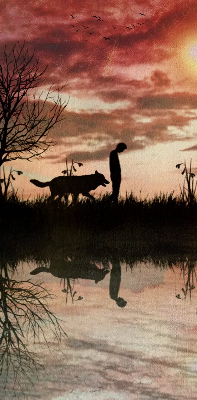A depressed boy walks with his wolf at dusk!