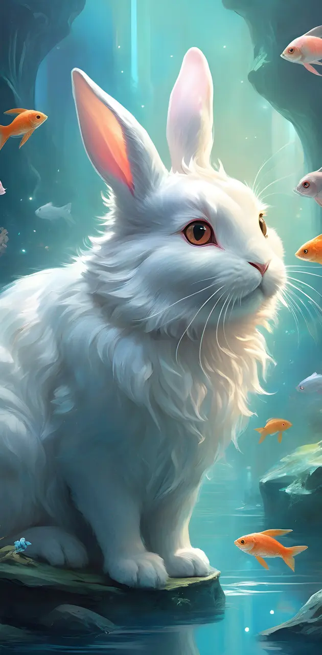 white rabbit with fish scenery
