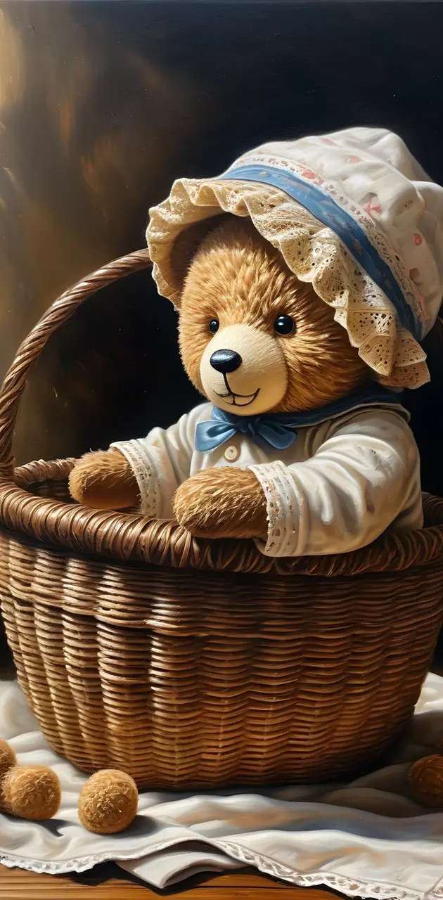 a teddy bear in a basket