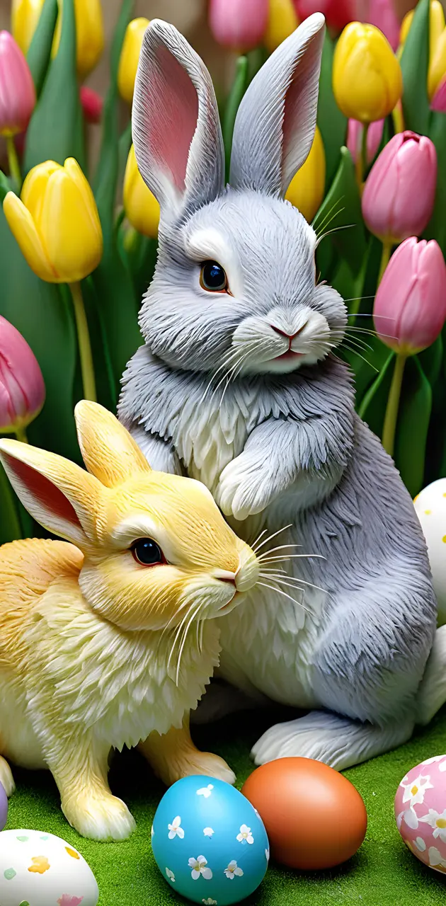 a rabbit and a rabbit in a field of flowers