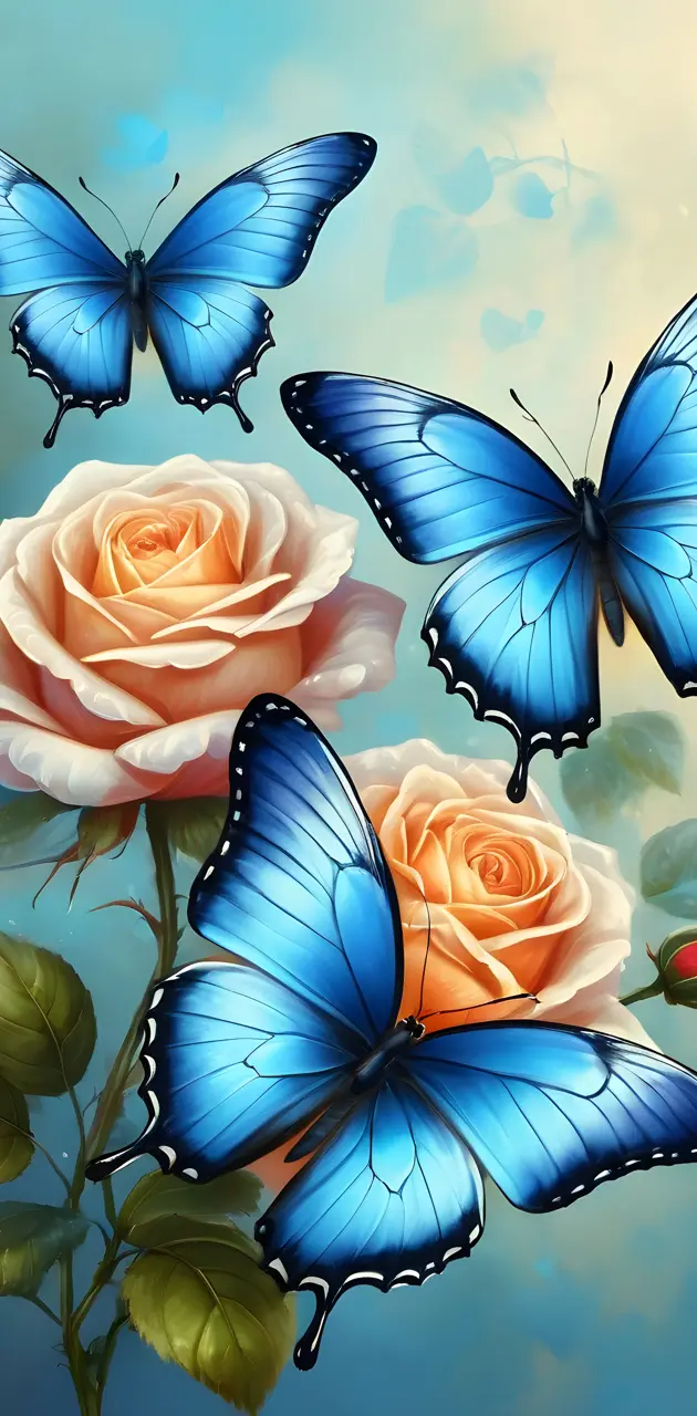 fantastic blue Butterflies that fly togheter next to the rose
