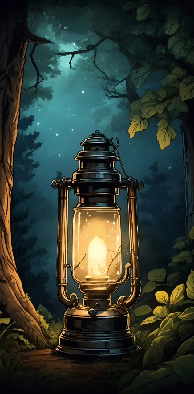 A hurricane lamp on the forest outside of a big...