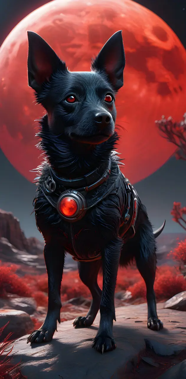 a dog wearing a garment red moon