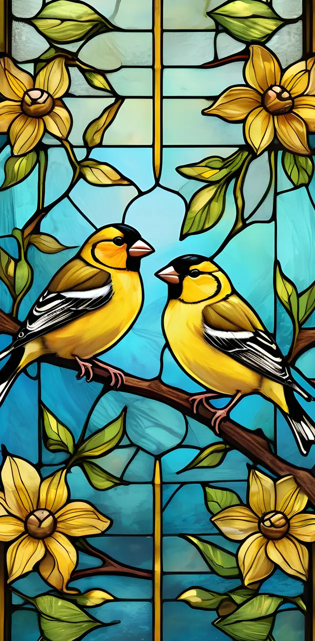 gold finches on stain glass