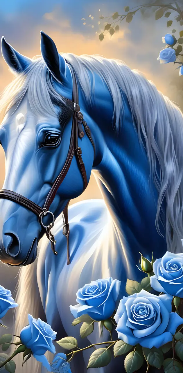 horse with blue roses