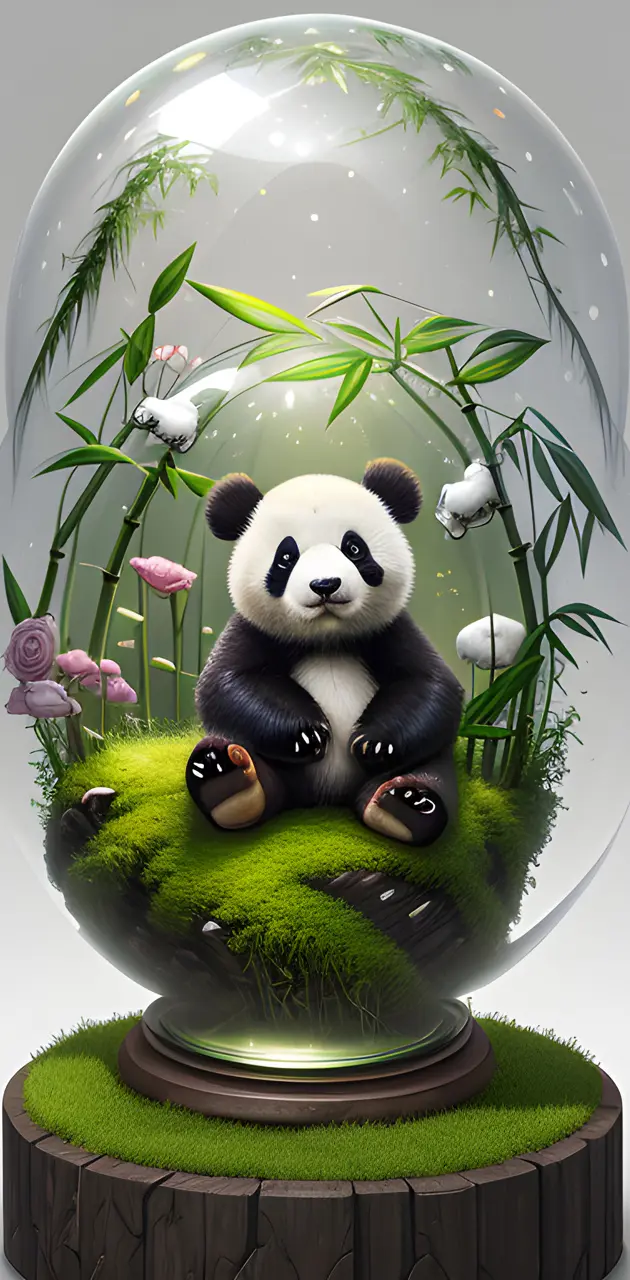 a panda bear sitting on a planter