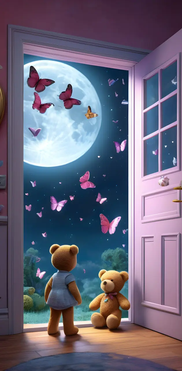 a couple of teddy bears stand in front of a door