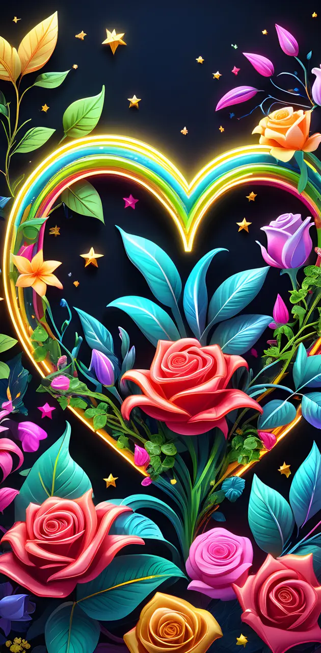 Neon Heart And Flowers