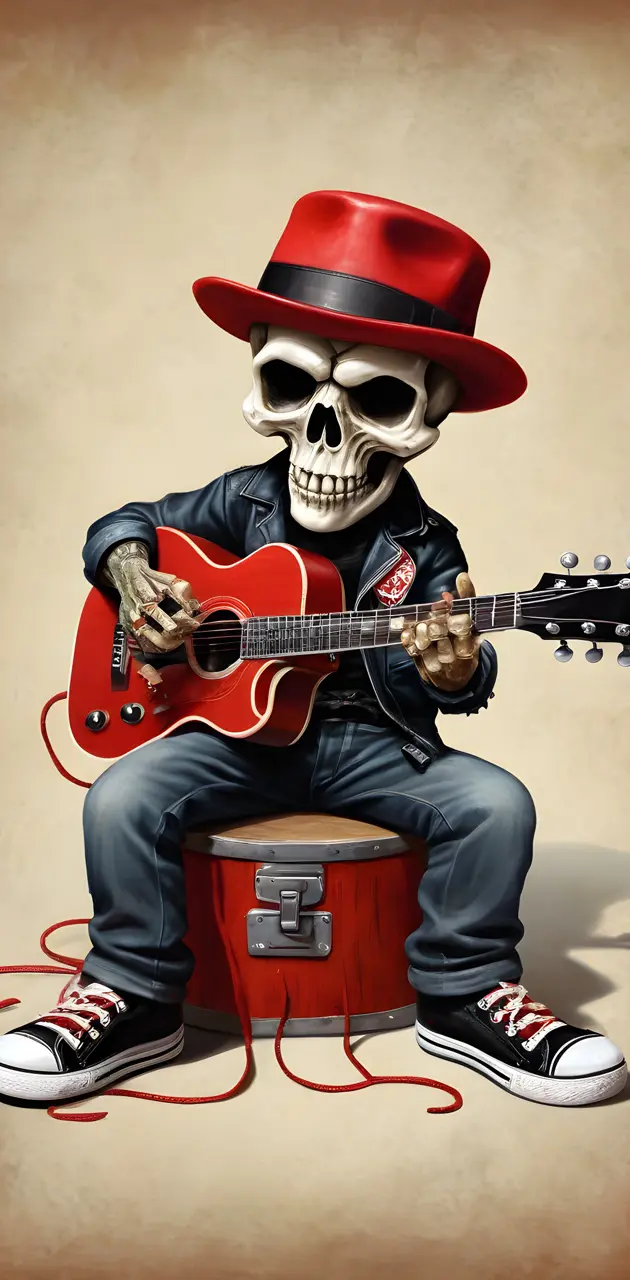 skully in red and guitar