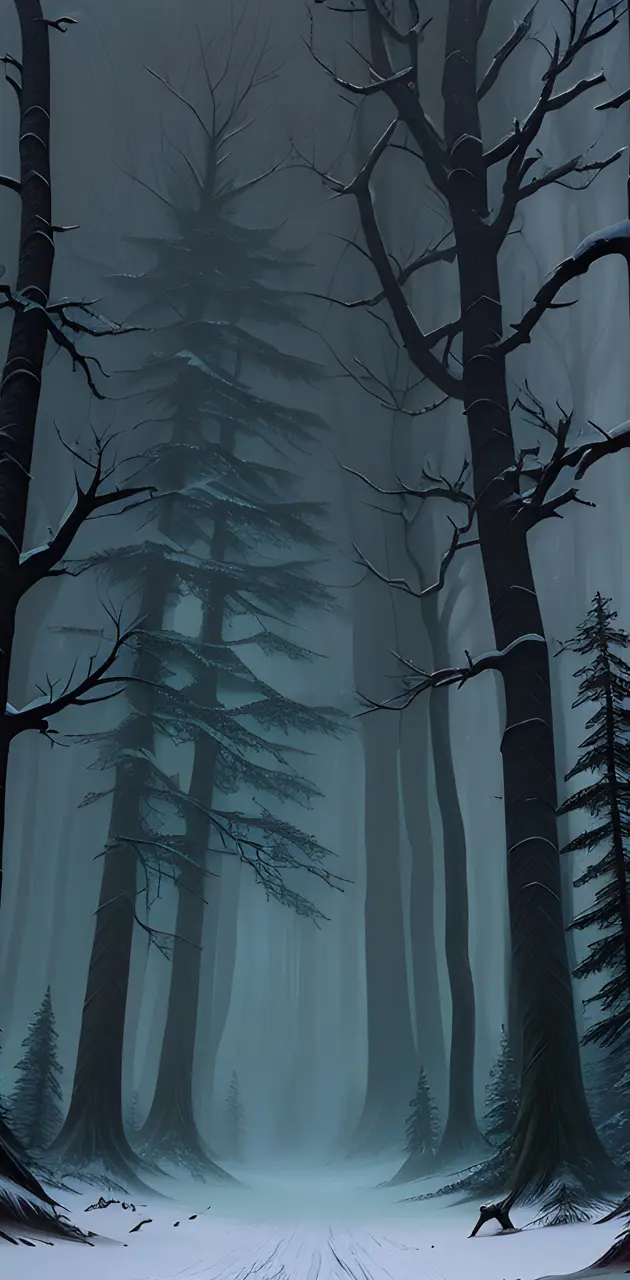 A dark forest in winter