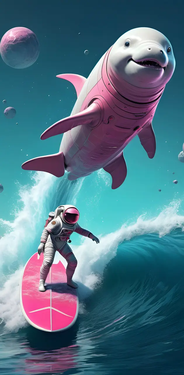 astronaut surfing with a pink beluga whale