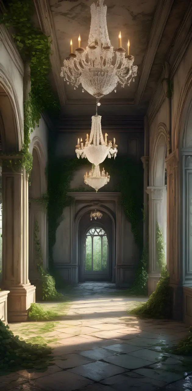 a hallway with a chandelier