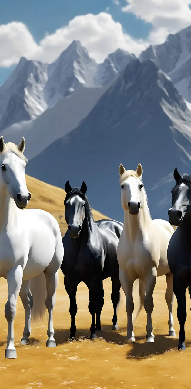 a group of horses standing in a line in front of a mountain