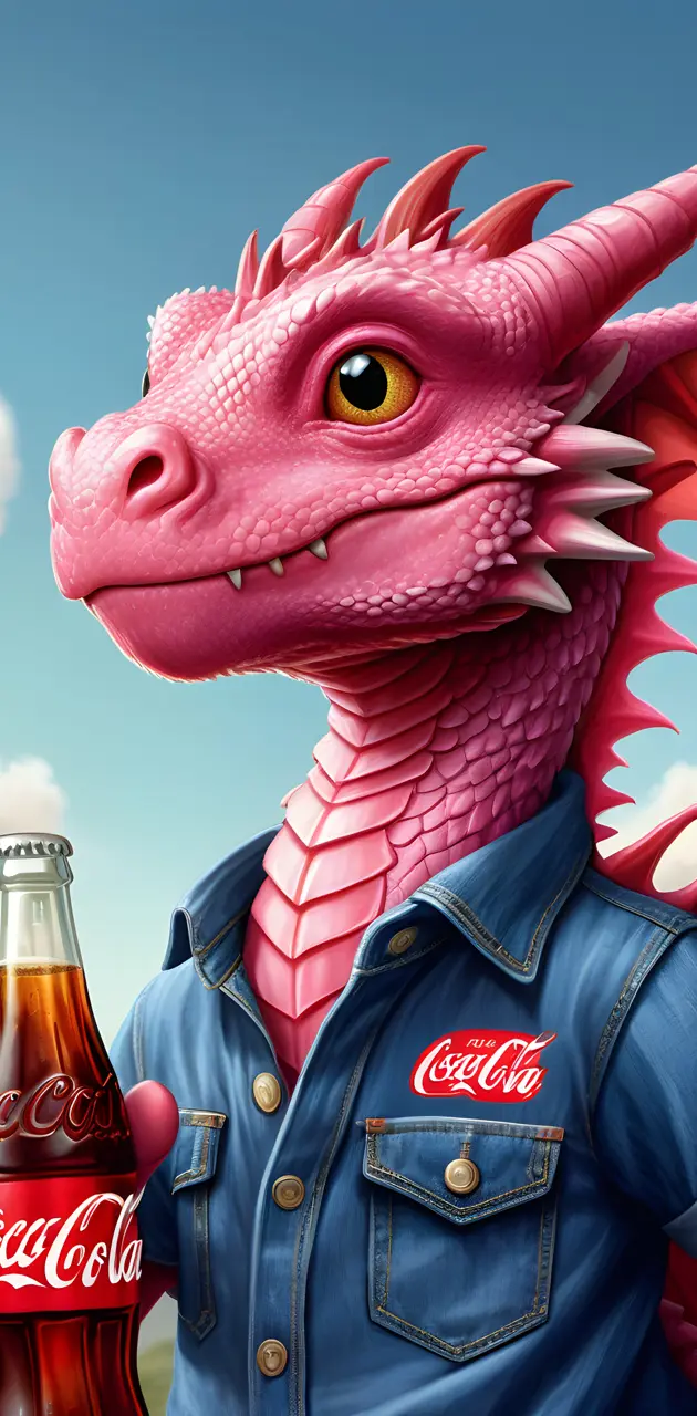 little pink dragon wearing jean skirt with a Coca-Cola Tshirt