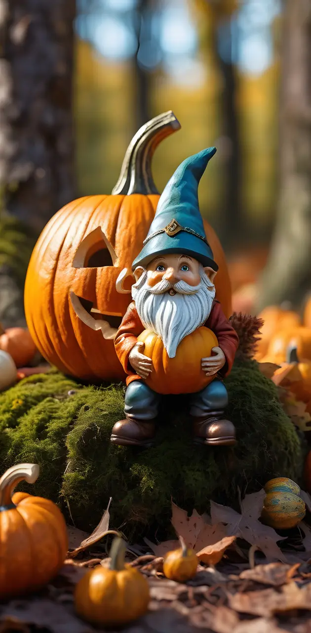 a gnome in a pumpkin patch
