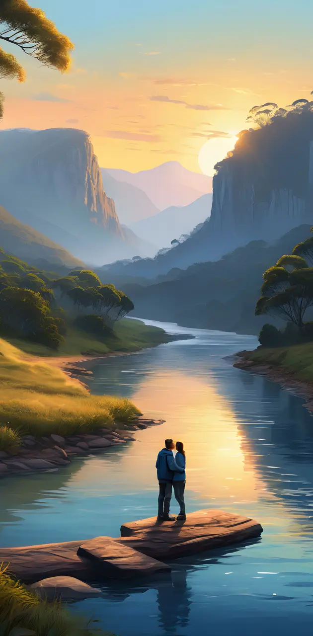 a man and woman standing on a rock in a river with mountains in the