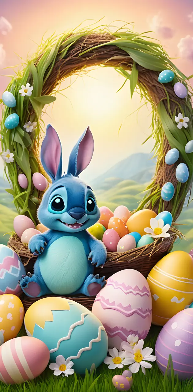 a basket of eggs and a Stitch