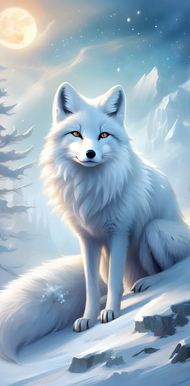 a white fox sitting in the snow
