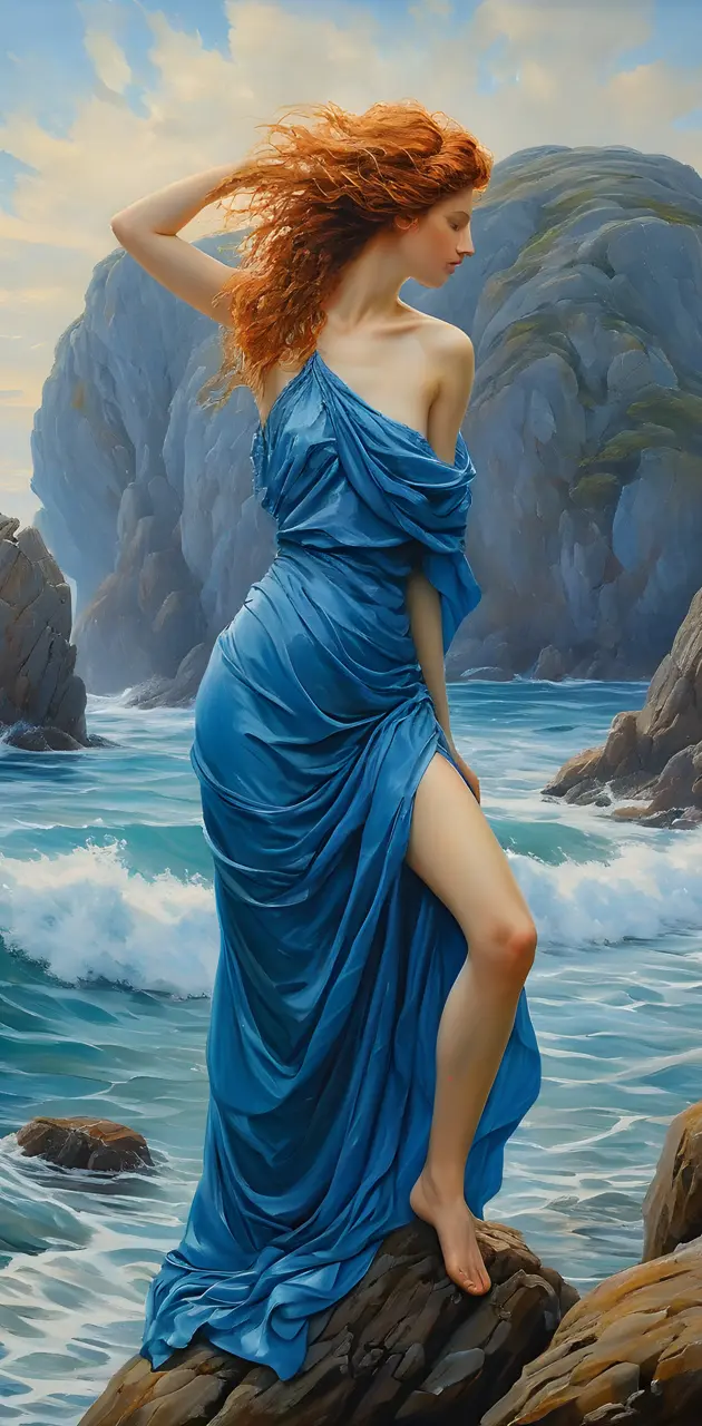 a person in a blue dress standing on a rock by the water