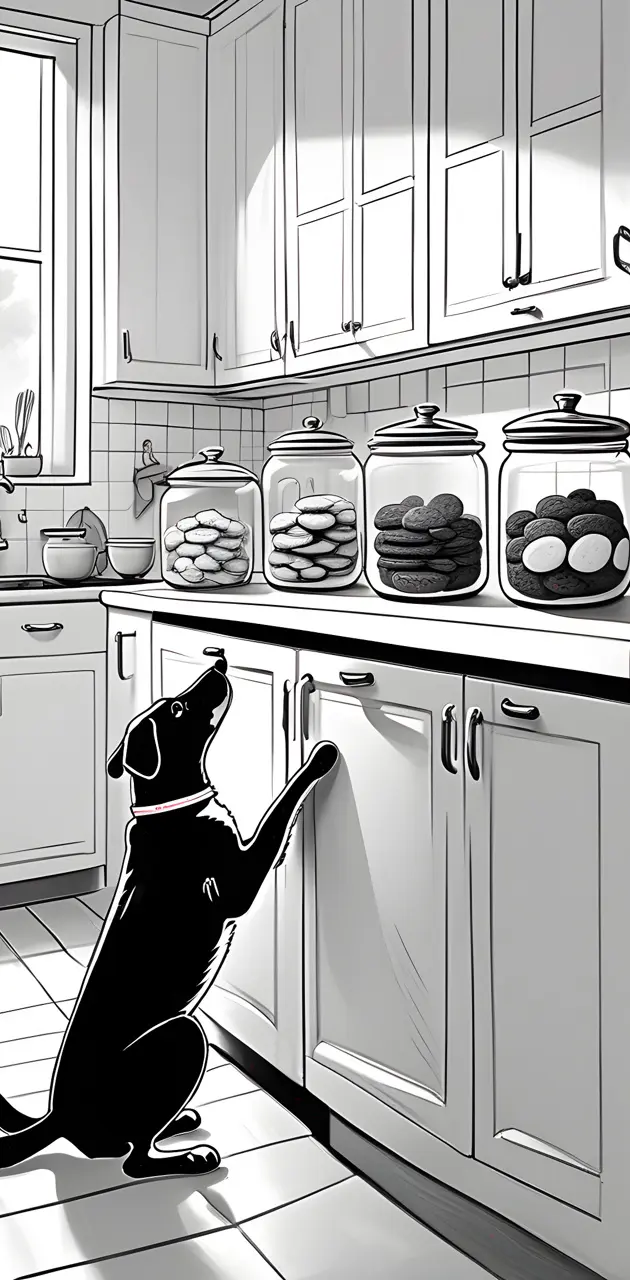 Cartoon dog eyeing cookie jars