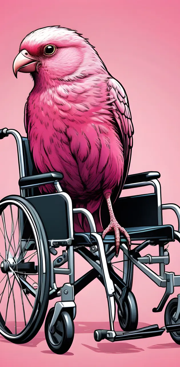 pink bird in a wheelchair