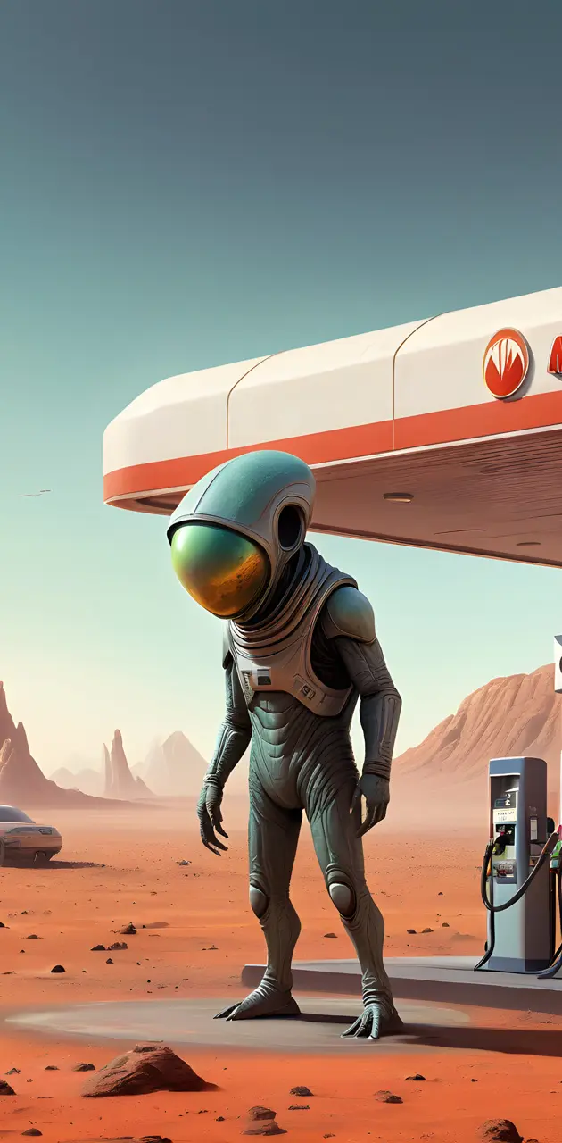 Hodded alien at a mars gas station