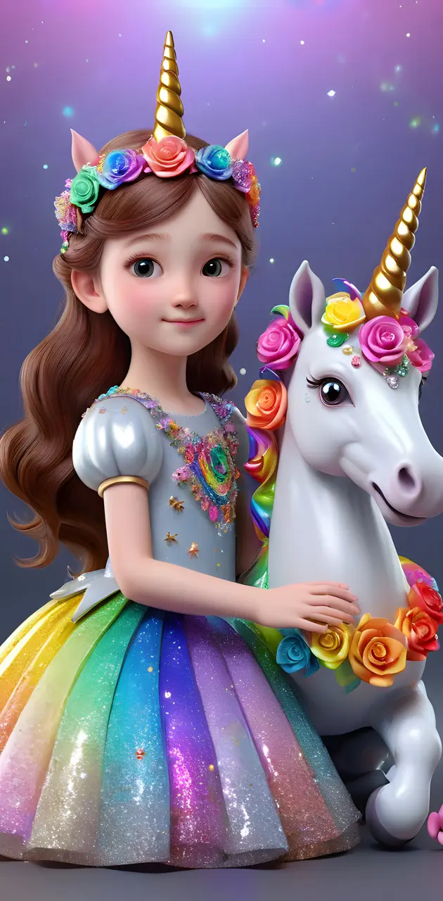 a girl in a blue dress with a unicorn statue