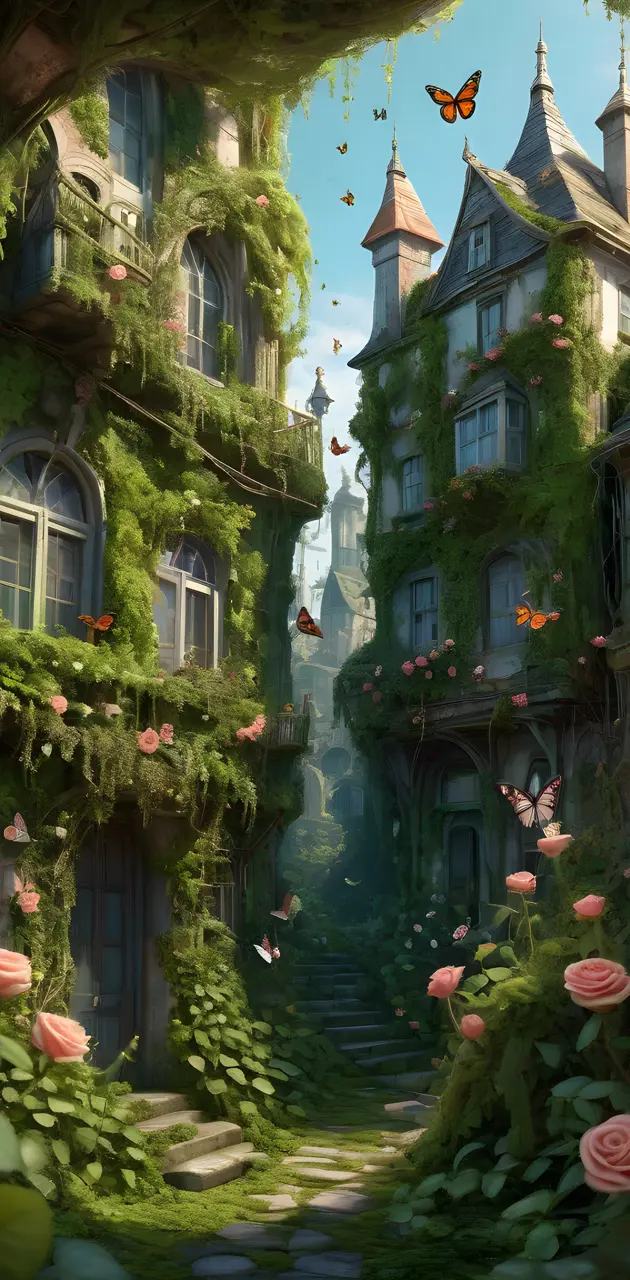 Overgrown city with butterflies and roses.