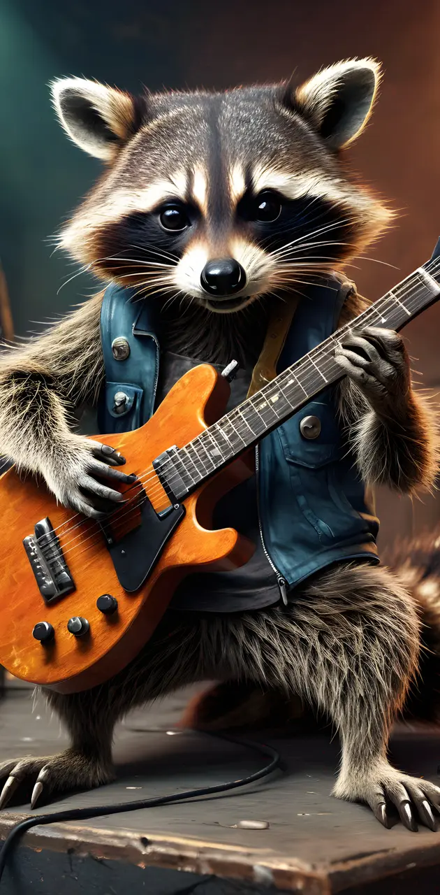 metal raccoon playing guitar