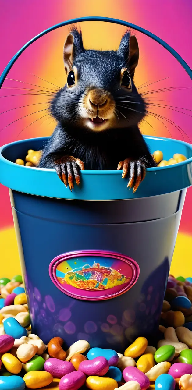 a squirrel in a bucket of candy