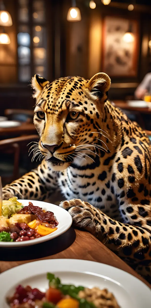 Leopard Eating at Restaurant
