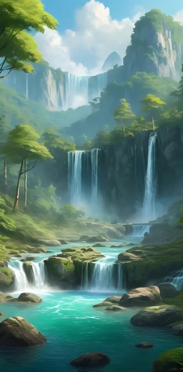 peaceful forest mountain waterfalls