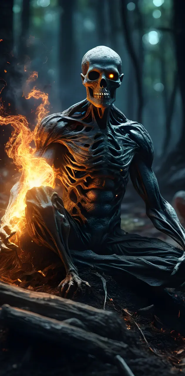 a skeleton sitting on a fire