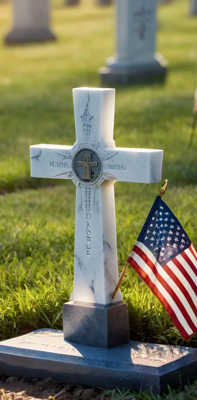 a cross with flags in the background