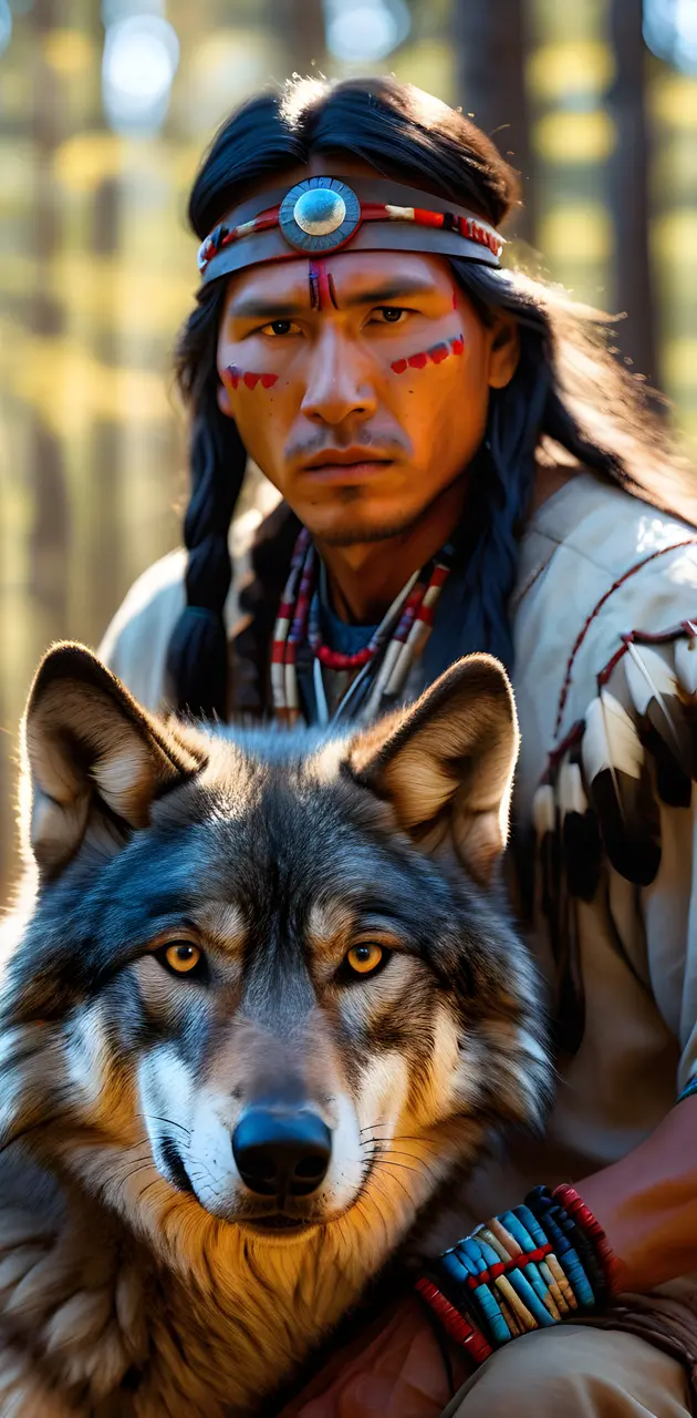 Native American with wolf