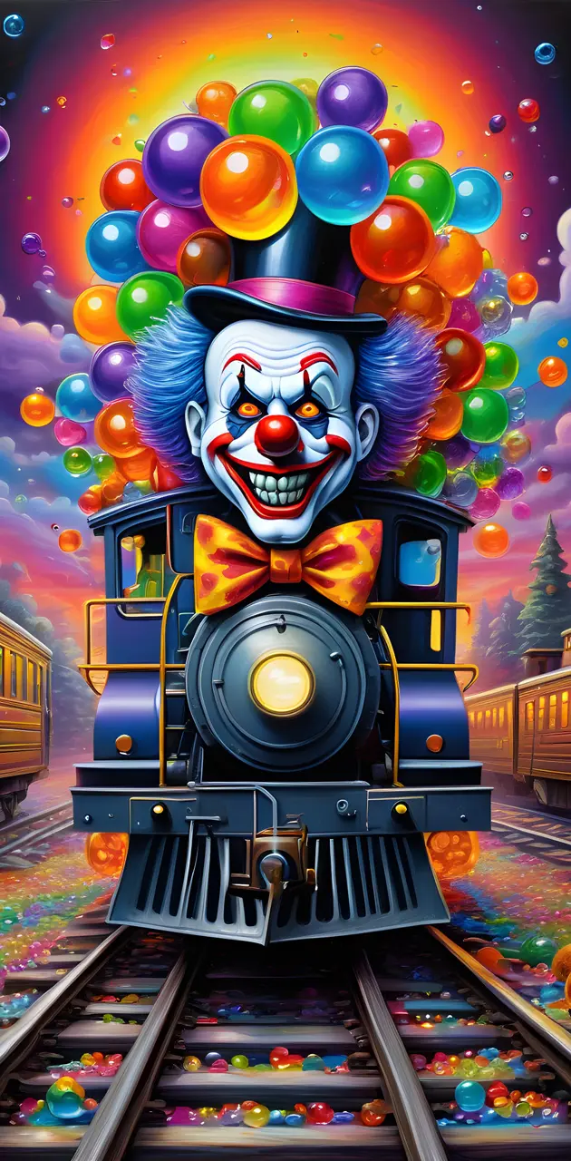 a train with a person in a garment with balloons on it