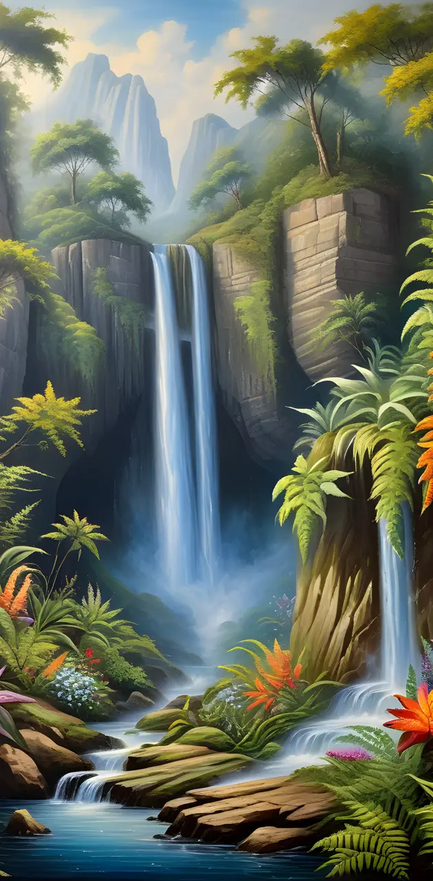 a painting of a waterfall