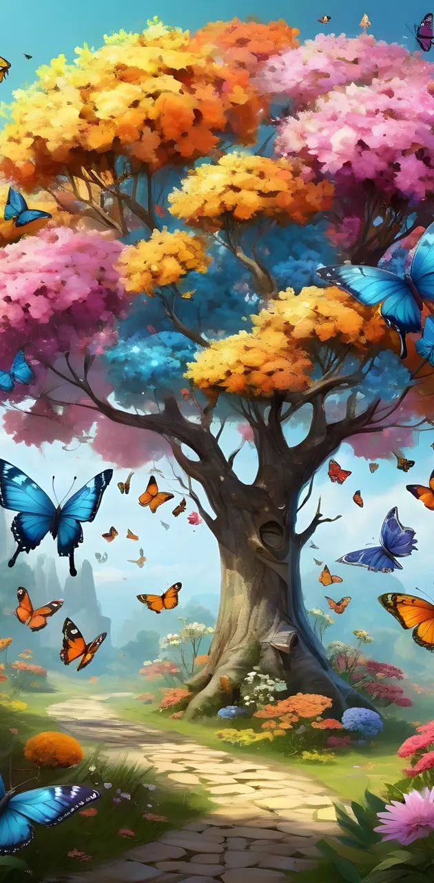 a tree with flowers and butterflies