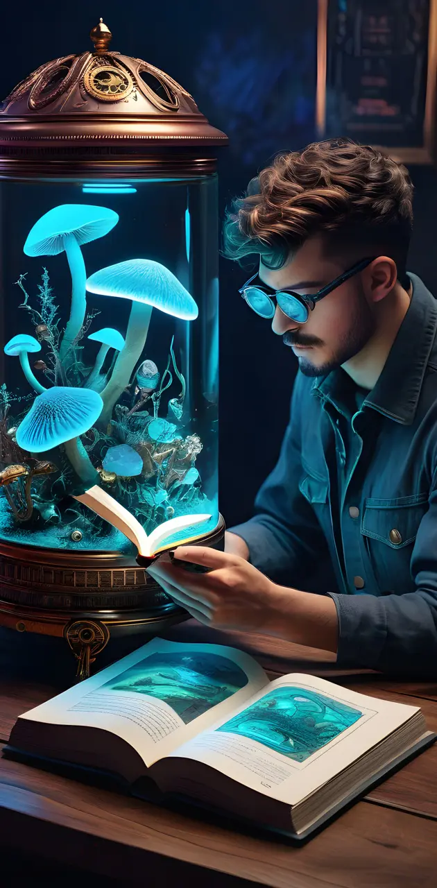 LunarPunk Reading By Bioluminescent Light Steampunk Style jar