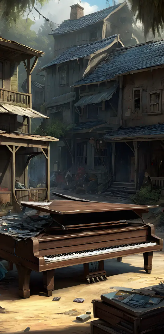 a wooden piano in front of a house