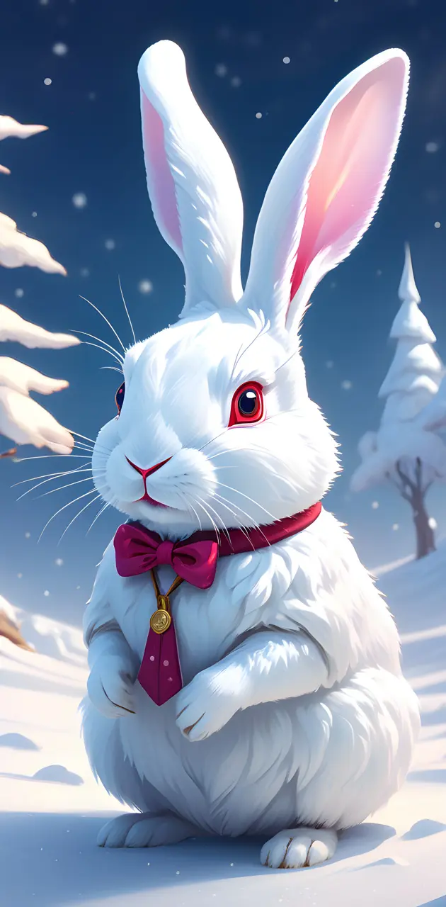 a white rabbit with red eyes and a pink bow on a snowy day