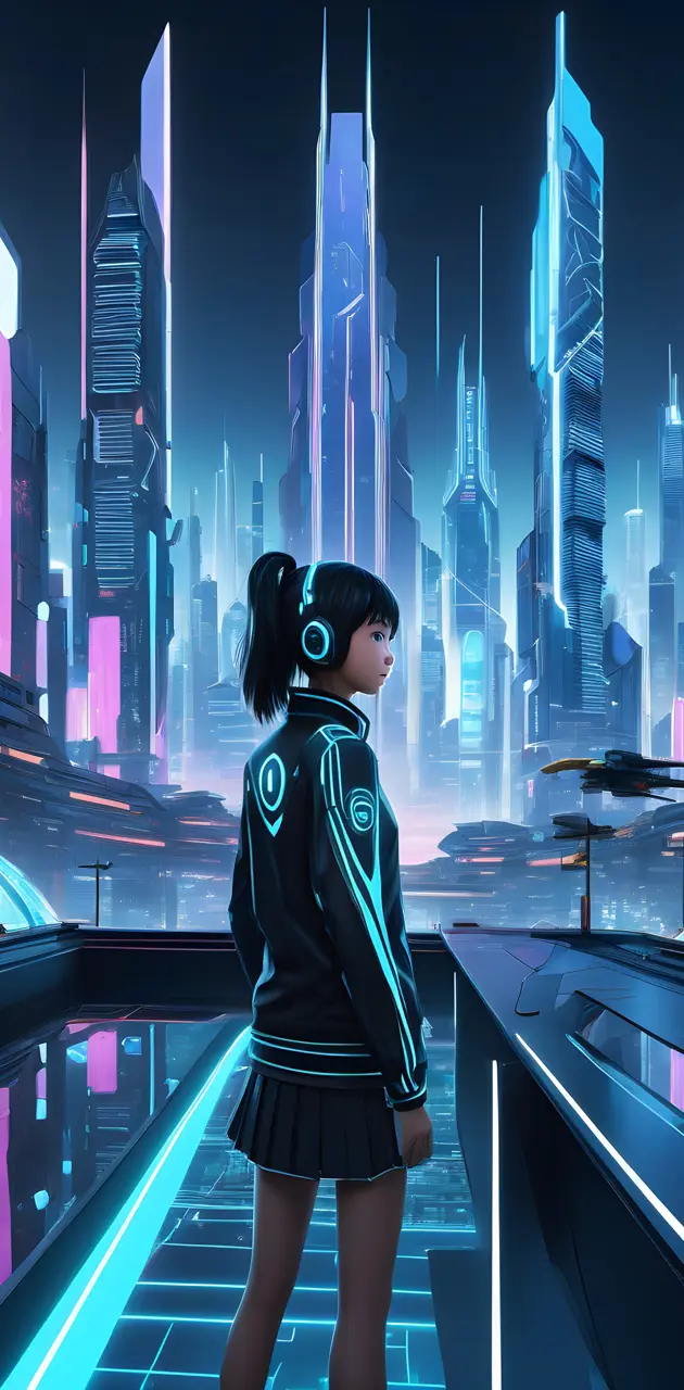 Tron Legacy-inspired environment with gamer girl