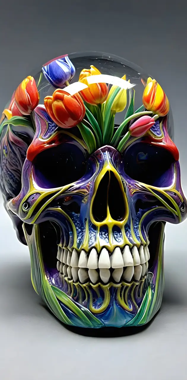 inner tulip skull head, glass skull, Tulips inside skull