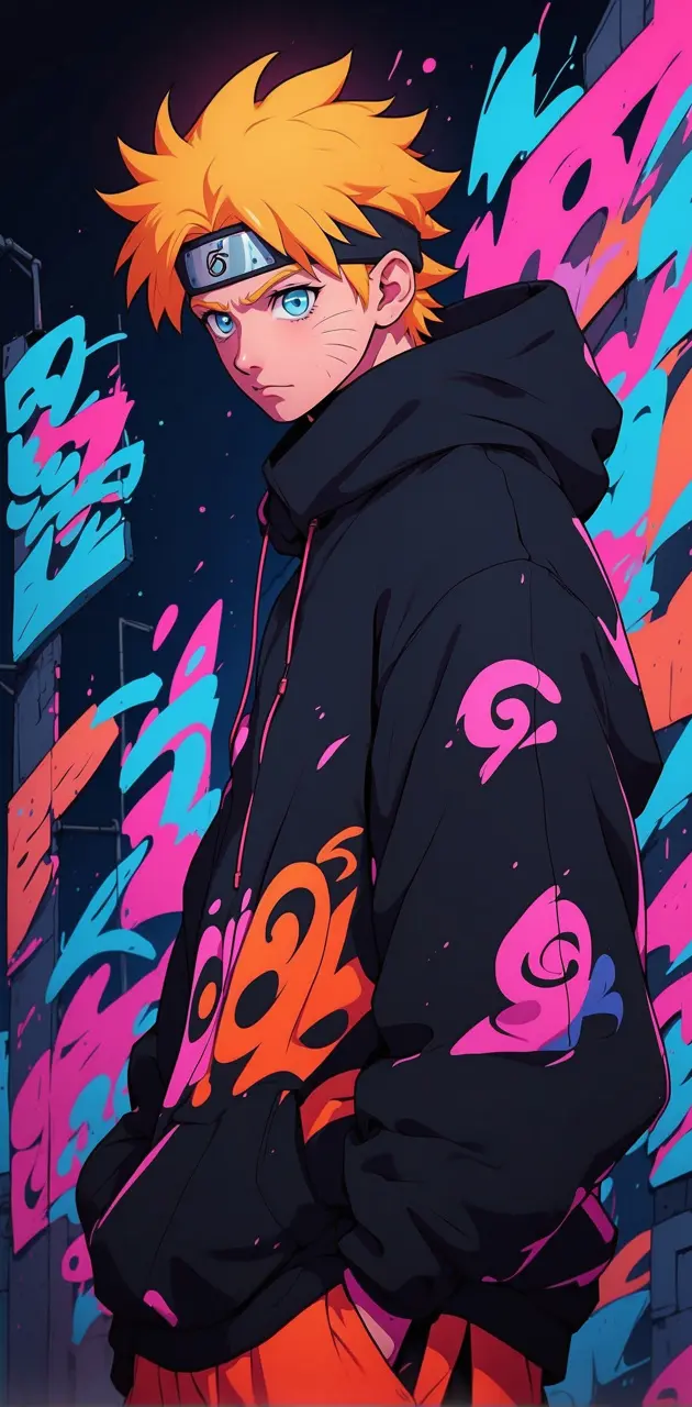 naruto with a neon onrange hoodie