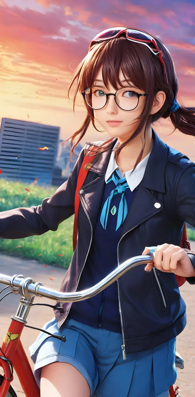 Kei Toume wearing glasses and a blue jacket riding a bicycle