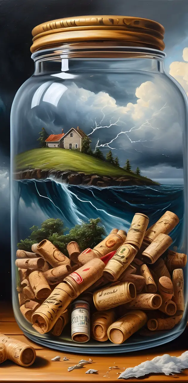 a jar with a storm and corks inside
