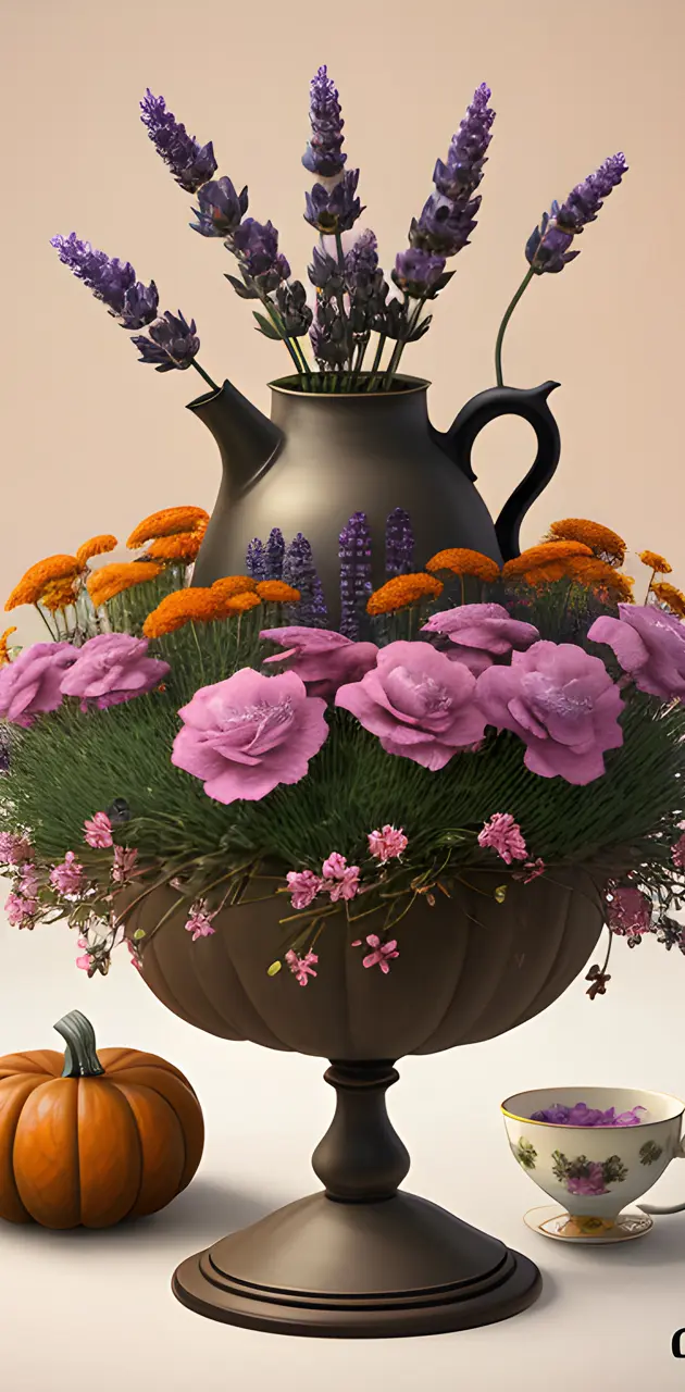 Autumn Floral Teapot Urn Jack-O'-Lantern Vintage